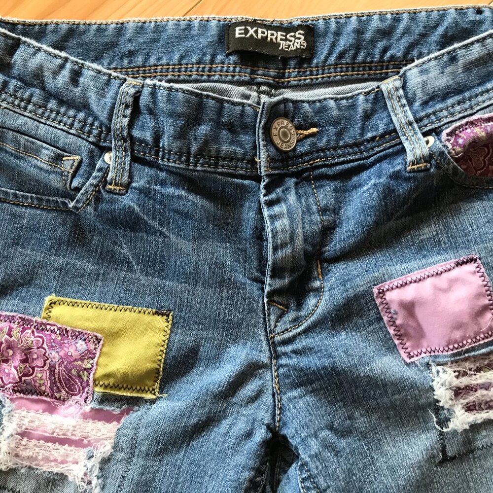 Upcycled Ripped Jean Short Cutoffs, Patchwork Distressed Junior Size 8 - Picture 8 of 11